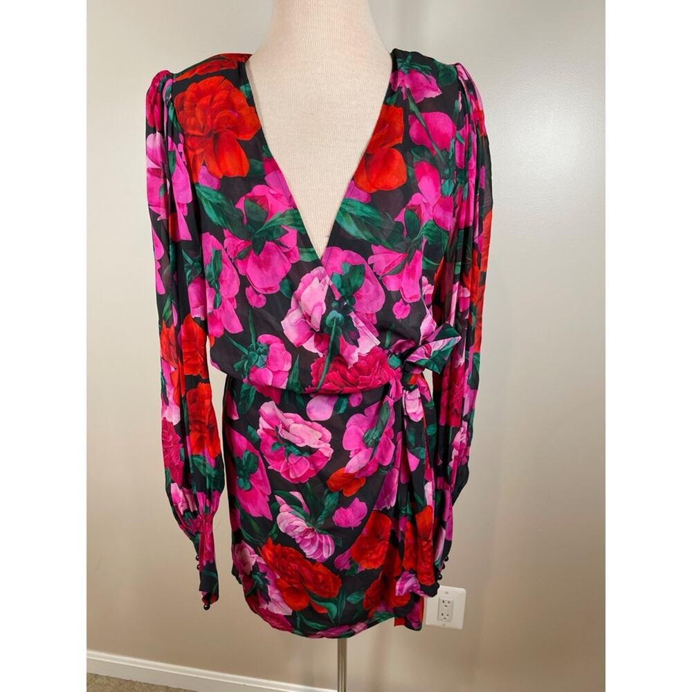 THE KOOPLES Dolve Vita Floral Rose Silk Wrap Long Sleeve Mini Dress Size Large - Picture 6 of 14